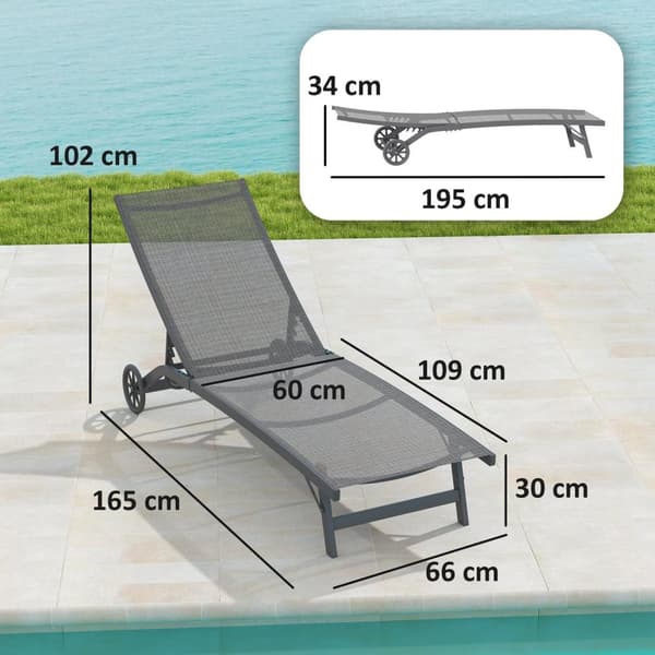 Rootz Sun Lounger - Outdoor Recliner - Justerbar ryggstöd - Andningsbar komfort - 195 x 66 x 34 cm - Grå