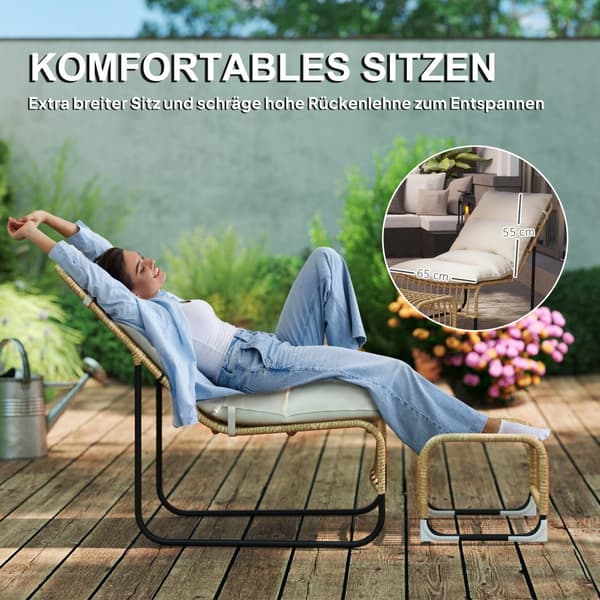 Afslapningsstol med fodskammel, Rattan, 65x93x80 cm, Creme Hvid