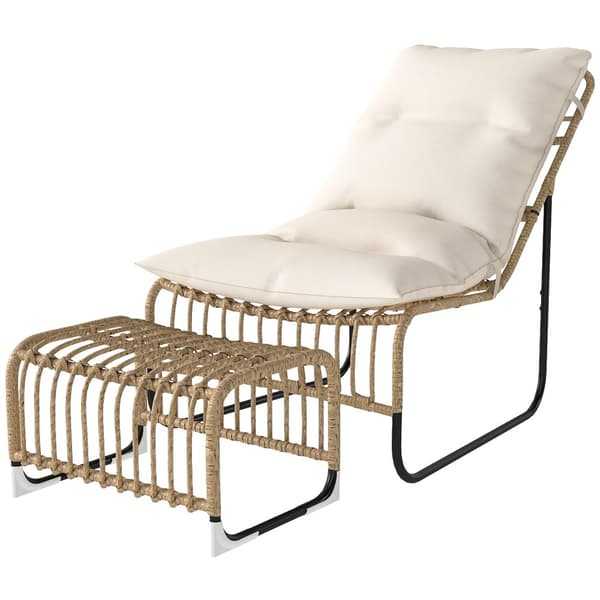 Avkopplingsstol med fotpall, Rattan, 65x93x80 cm, Krämvit