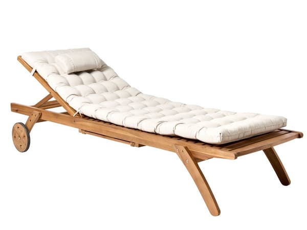 Solseng i Lyst Tre Akasie med Pute Lysebeige Liggestol på Hjul med Bord
