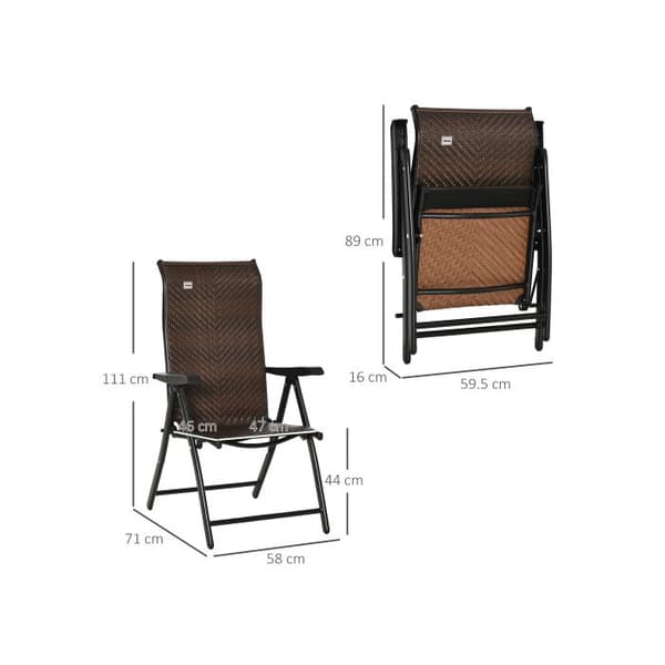 Fällbar stol i polyrotting med armstöd Outsunny Ryggstöd justerbart i 7 positioner för trädgård balkong terrass 58 x 71 x 111 cm