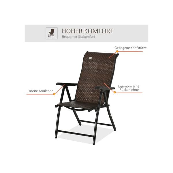 Fällbar stol i polyrotting med armstöd Outsunny Ryggstöd justerbart i 7 positioner för trädgård balkong terrass 58 x 71 x 111 cm