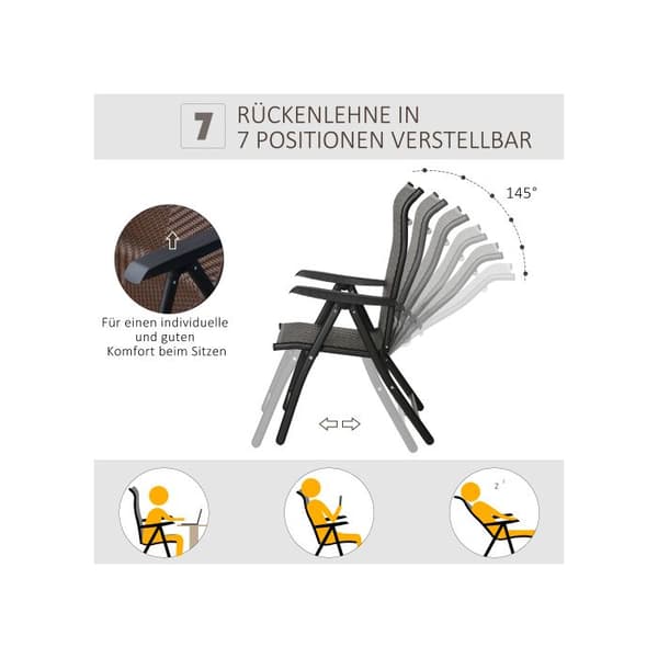 Fällbar stol i polyrotting med armstöd Outsunny Ryggstöd justerbart i 7 positioner för trädgård balkong terrass 58 x 71 x 111 cm