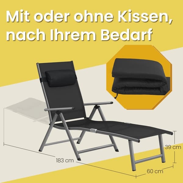 Rootz Foldbar Sun Lounger - Garden Chair - Beach Recliner - 6 cm tjock madrass - avtagbar kudde - 183 cm x 60 cm x 39 cm