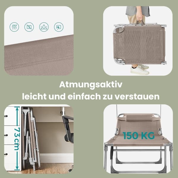 Rootz Foldbar Sun Lounger - Lungerstol - Udendørs hvilestol - Letvægt & holdbar - 53 cm x 193 cm x 29,5 cm