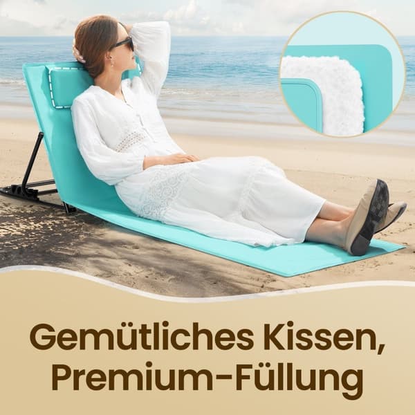 Rootz Seeblau Beach Stol - Campingstol - Sun Lounger - Letvægt og bærbar - 158 cm x 55 cm - Foldet 57 cm x 7 cm x 56 cm