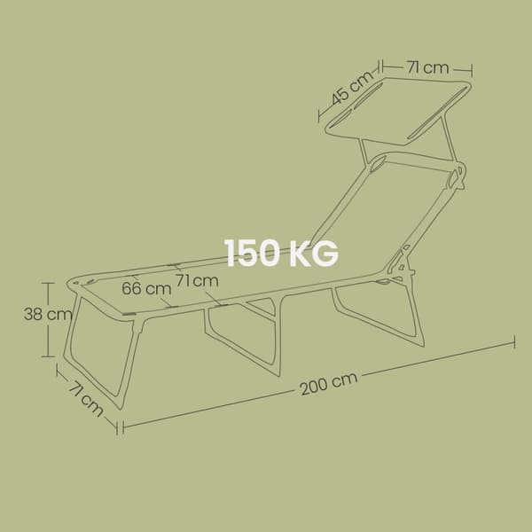 Rootz Sun Lounger -kannen tuoli - taitettavat lepotuoli - rentoutumisistuin - helppo asennus - 71 x 200 x 38 cm