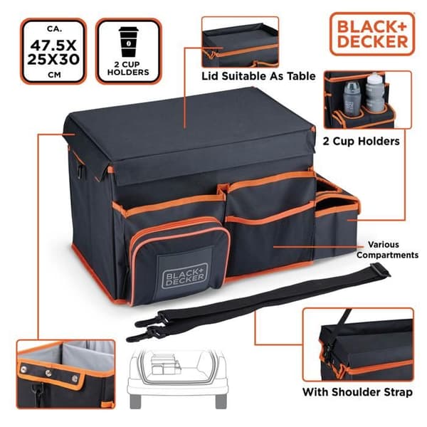 BLACK+DECKER Trunk Organizer Bag med axelrem och Travel Drink Holdare