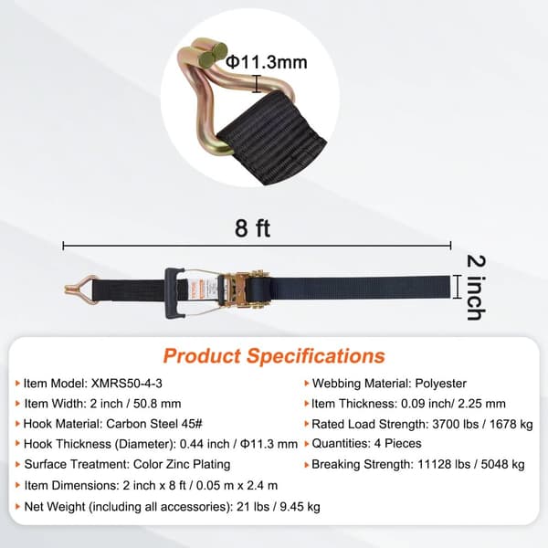 Ratchet Strap Tilbehør, 3700 lbs Belastningsevne, 2 tommer Bredde,2 x 8 tommer