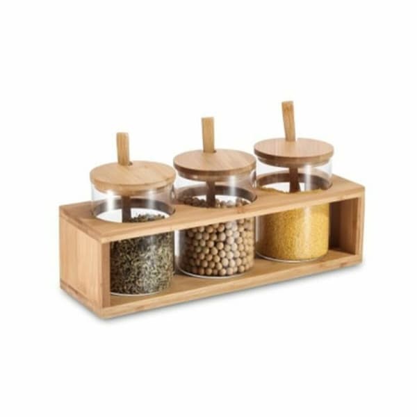 Uppsättning med 3 Burkar DKD Home Decor 31 x 11 x 10,5 cm Naturell Bambu Borosilikatglas