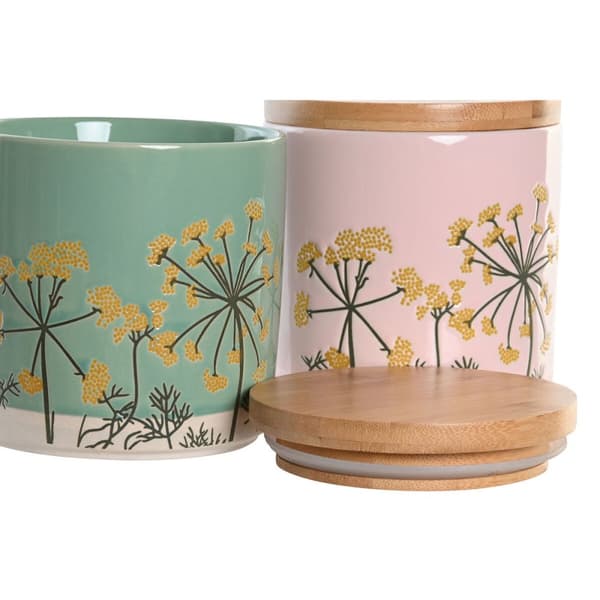 Blik DKD Home Decor 11,5 x 11,5 x 12 cm Floral Pink Grøn Bambus Stentøj Shabby Chic (2 enheder)