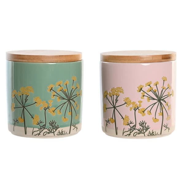 Blik DKD Home Decor 11,5 x 11,5 x 12 cm Floral Pink Grøn Bambus Stentøj Shabby Chic (2 enheder)