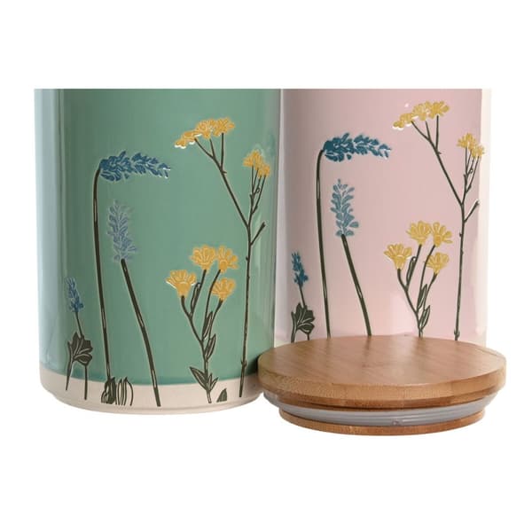 Blik DKD Home Decor 11,5 x 11,5 x 17,5 cm Floral Pink Grøn Bambus Stentøj Shabby Chic (2 enheder)