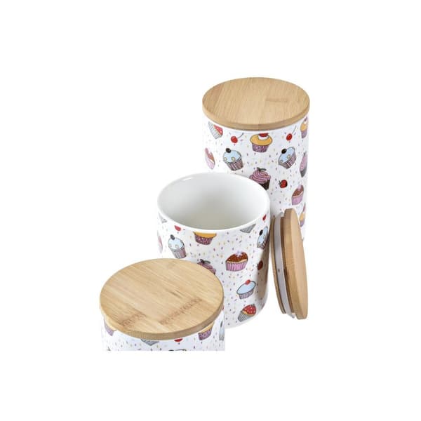 Sæt med 3 Dåser DKD Home Decor Natur Hvid Multifarvet Bambus Stentøj 10 x 10 x 17 cm Cupcake