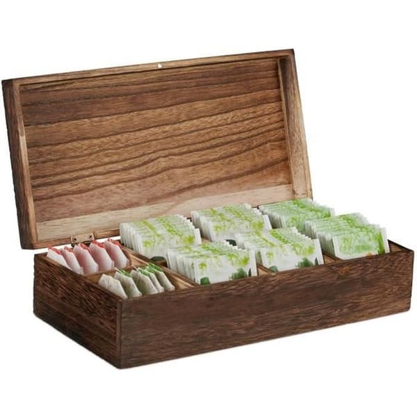 Relaxdays Tea Box Trä Organizer Te Box 8 Fack Aroma Lock HxBxD: 8,5 x 30,5 x 15,5 cm, Brun