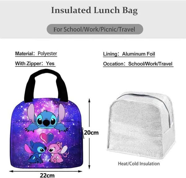 Stitch Isolerad Lunchpåse，Stitch Portabel Lunchväska, Lunchväska med stor kapacitet för barn, 3D-tryckt tecknad Lunchväska