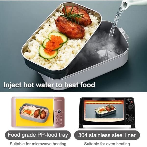 1100 ml dubbellagers lunchlåda med 3 fack och avtagbar 304 behållare i rostfritt stål + matkasse - grön