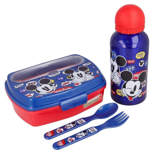 Skål med vattenflaska Mickey Mouse Happy Smiles Blå Röd 21 x 18 x 7 cm Metall 400 ml