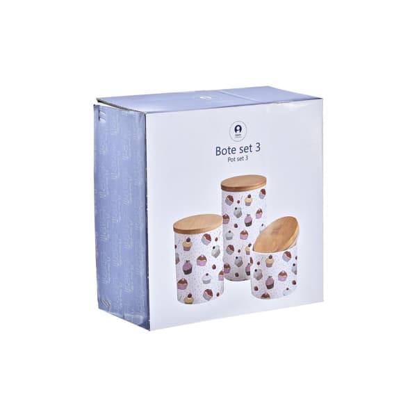 Sæt med 3 Dåser DKD Home Decor Natur Hvid Multifarvet Bambus Stentøj 10 x 10 x 17 cm Cupcake