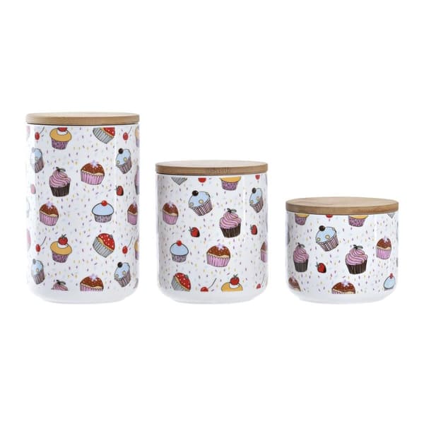 Sæt med 3 Dåser DKD Home Decor Natur Hvid Multifarvet Bambus Stentøj 10 x 10 x 17 cm Cupcake