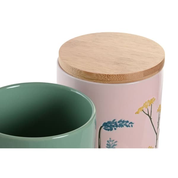 Blik DKD Home Decor 11,5 x 11,5 x 17,5 cm Floral Pink Grøn Bambus Stentøj Shabby Chic (2 enheder)