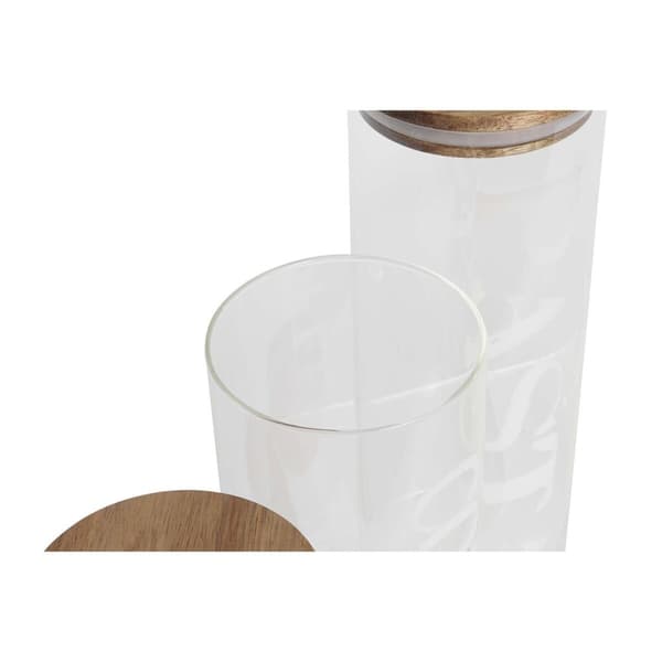 3 purkkia DKD Home Decor 10,2 x 10,2 x 27,7 cm Luonnollinen Läpinäkyvä Akaasia Kirjaimet Borosilikaattilasi