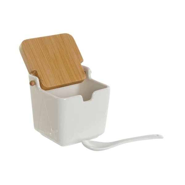 Sockerströare DKD Home Decor Vit Naturell Bambu Porslin 10,5 x 9 x 9 cm