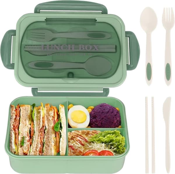 Lunchlåda för vuxna 1000 ml – 3-facks matlåda med bestick, mikrovågssäker och läckagesäker, BPA-fri