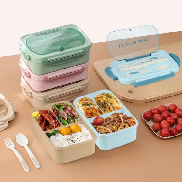Lunchlåda för vuxna 1000 ml – 3-facks matlåda med bestick, mikrovågssäker och läckagesäker, BPA-fri