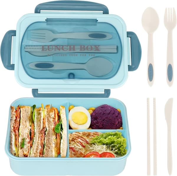 Lunchlåda för vuxna 1000 ml – 3-facks matlåda med bestick, mikrovågssäker och läckagesäker, BPA-fri Blå