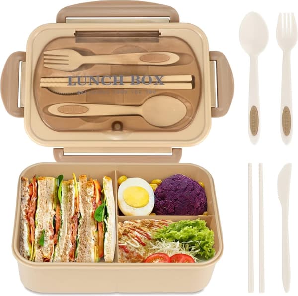 Lunchlåda för vuxna 1000 ml – 3-facks matlåda med bestick, mikrovågssäker och läckagesäker, BPA-fri