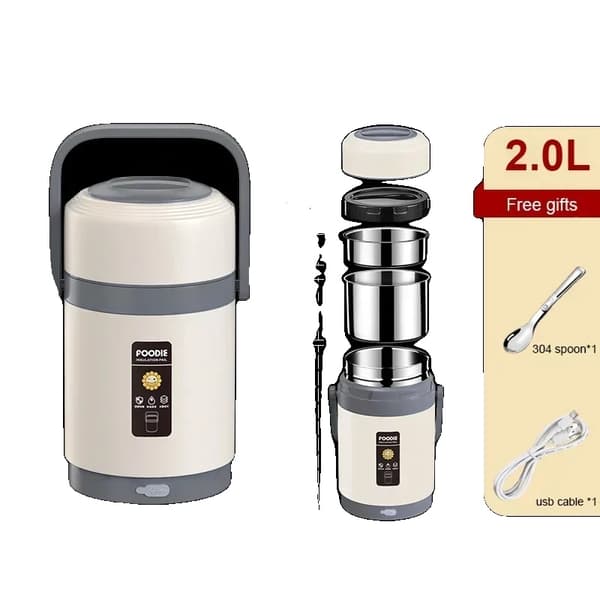USB Elektrisk Varmelunchboks, 1,6L/2,0L Kapacitet, Rustfrit Stål Materiale,2L hvid Ingen stik