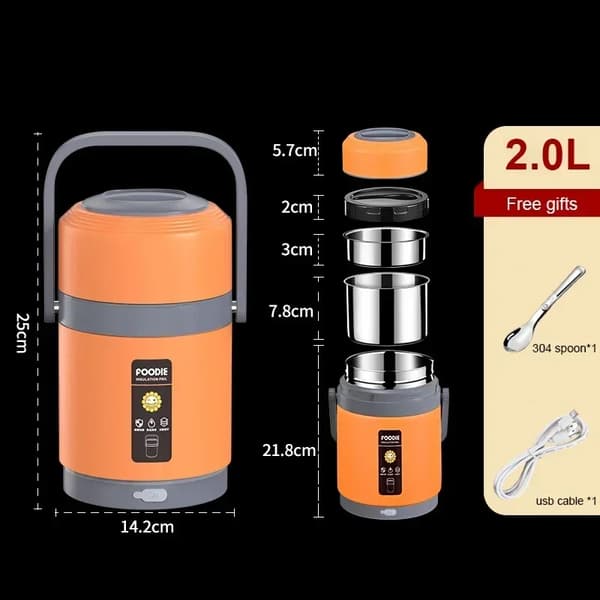 USB Elektrisk Varmelunchboks, 1,6L/2,0L Kapacitet, Rustfrit Stål Materiale,2L orange Ingen stik