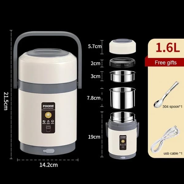 USB Elektrisk Varmelunchboks, 1,6L/2,0L Kapacitet, Rustfrit Stål Materiale,1.6L hvid Ingen stik