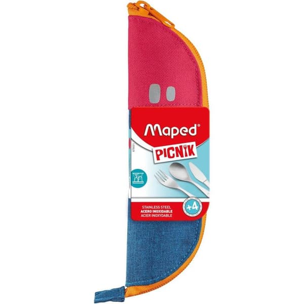 Maped Picnik Concept - Set med 3 Bestick i Rostfritt Stål - Gaffel, Kniv och Liten Sked för Barn - Röd Etui