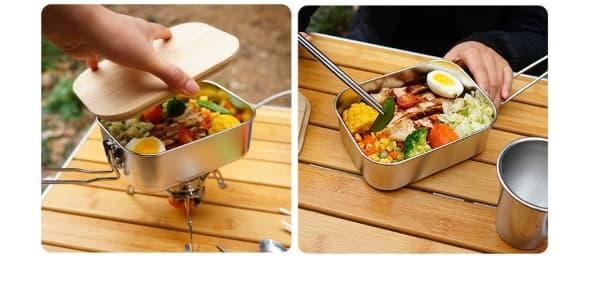 Rostfritt stål lunchlåda utomhus bambu träbricka lock bento låda camping bärbar picknick lunchlåda