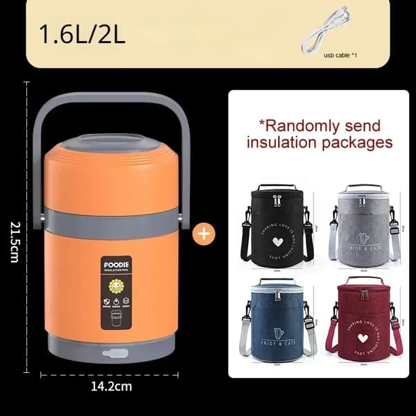Sähkölounaslaatikko, ruostumaton teräs, USB-virransyöttö, vuotamaton muotoilu,Oranssi - Lounaslaatikko, 2L