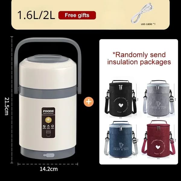 Elektrisk Madkasse, Rustfrit Stål, USB Strømforsyning, Lækagesikker Design,Hvid - Madkasse, 1.6L