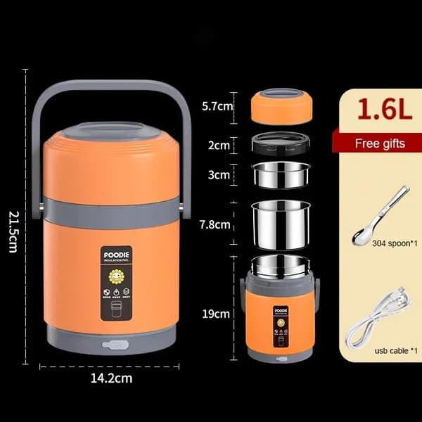 USB Elektrisk Varmelunchboks, 1,6L/2,0L Kapacitet, Rustfrit Stål Materiale,1.6L orange Ingen stik
