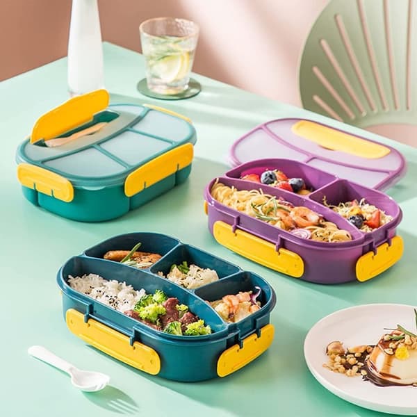 Bomclap Lunchlåda med 4 separata fack & bestick – 1800ml mikrovågssäker matlåda i plast med läcksäkert lock