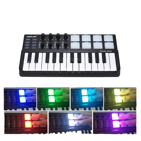 USB MIDI -näppäimistöohjain, 25 nopeudelle herkkää näppäintä, 8 taustavalaistua laukaisupadia,musta