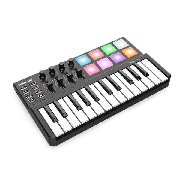USB MIDI -näppäimistöohjain, 25 nopeudelle herkkää näppäintä, 8 taustavalaistua laukaisupadia,musta