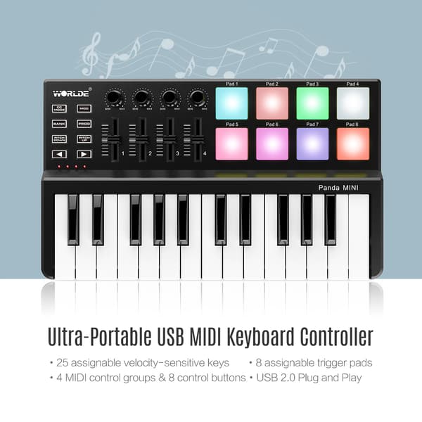 USB MIDI -näppäimistöohjain, 25 nopeudelle herkkää näppäintä, 8 taustavalaistua laukaisupadia,musta