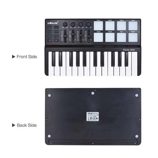 USB MIDI -näppäimistöohjain, 25 nopeudelle herkkää näppäintä, 8 taustavalaistua laukaisupadia,musta