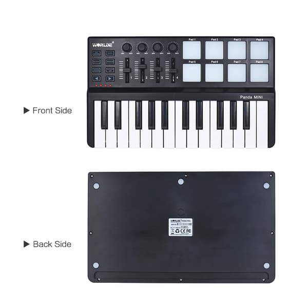 MIDI Keyboard Controller, 25 Taster, 8 Farverige Bagbelyste Trigger Pads, USB-forbindelse,sort