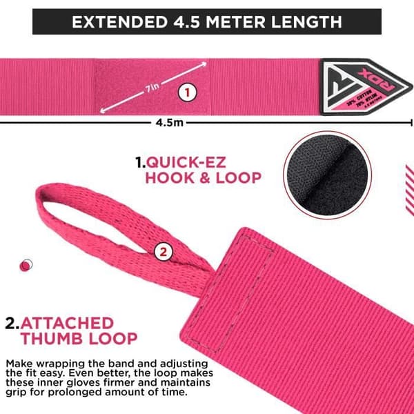 RDX Elasticated Hand Wraps - Rosa - Boxning Kickboxning - Kolfiber - 4,5 meter