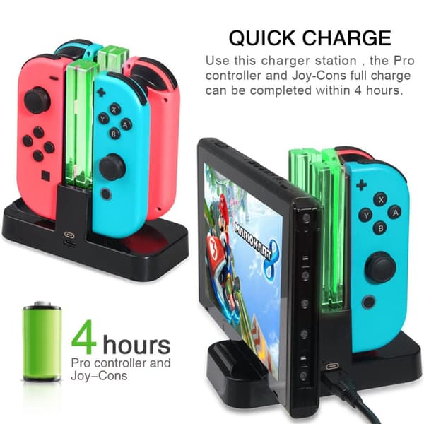 Joy-Con Charge Dock 4 i 1 USB Stand LED Indikation til Nintend Switch Controller Charger Gamepad sort