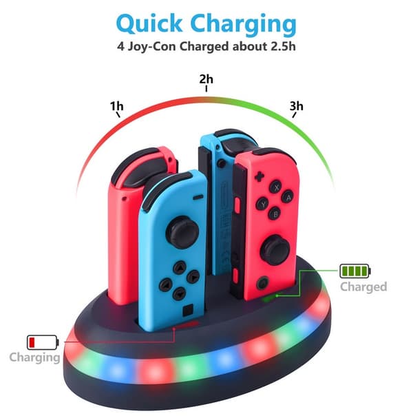 4-i-1 Controller oplader Station Fast opladning Dock Stand med LED lys til Nintendo Switch Joy-con sort