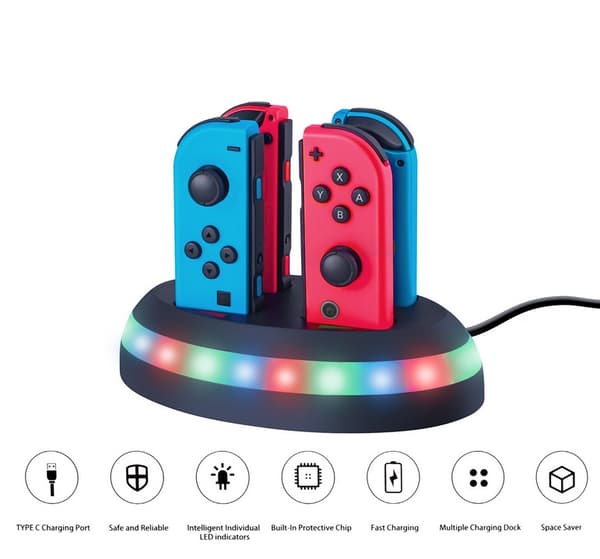 4-i-1 Controller oplader Station Fast opladning Dock Stand med LED lys til Nintendo Switch Joy-con sort