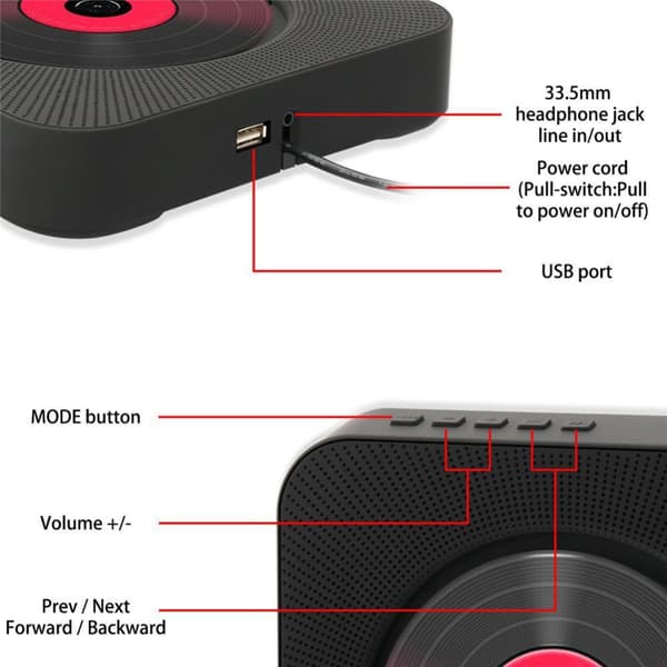 Vægmonteret CD Player Portable Bluetooth Music med fjernbetjening sort